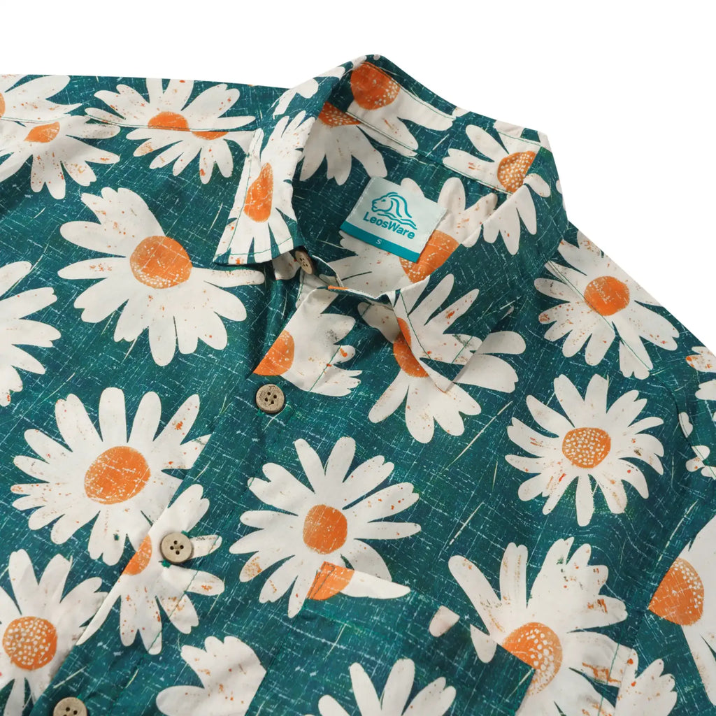 LeosWare® Men's Hawaiian Shirt Short Sleeve Button-up 100% Cotton Green Aloha Daisy Bottom By Ann
