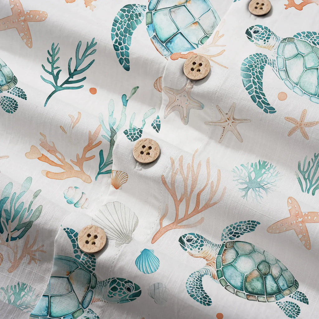 LeosWare® Men's Hawaiian Shirt Short Sleeve Button-up 100% Cotton Blue Aloha Coral Wonderland Of The Sea Turtle By Ann