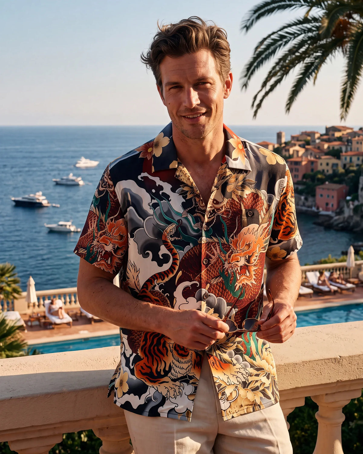 Men's Hawaiian Shirt Short Sleeve Camp Collar 100% Cotton White Aloha Battle Of The Dragons And Tigers By Huan huan