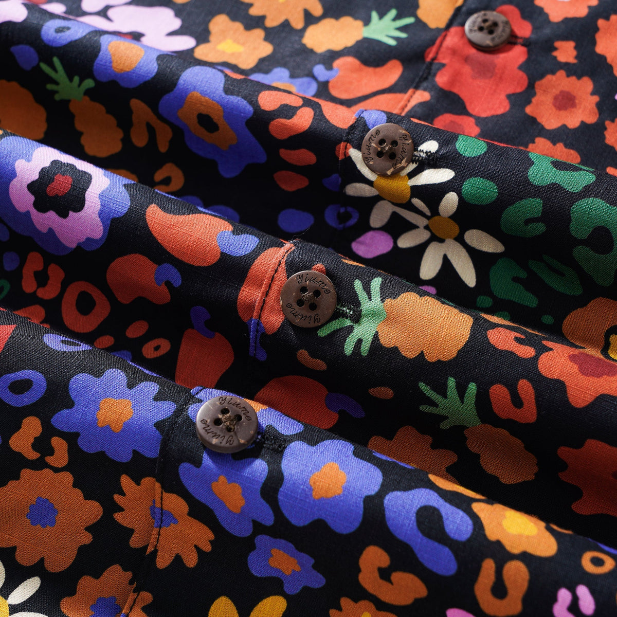 Men's Hawaiian Shirt Short Sleeve Camp Collar 100% Cotton Black Aloha Midnight Blossoms Leopard Print By Huan huan