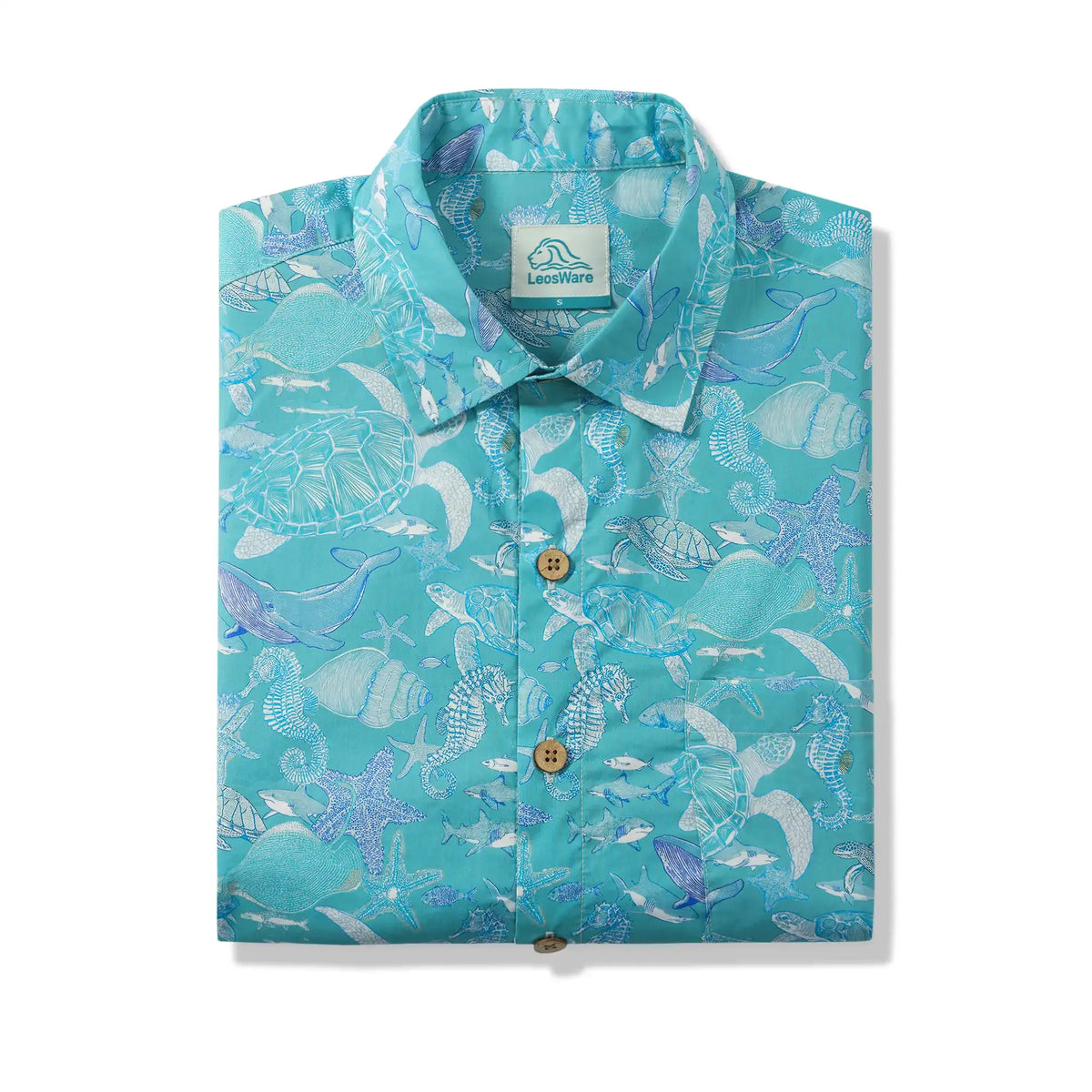 LeosWare® Men's Hawaiian Shirt Short Sleeve Button-up 100% Cotton Blue Aloha Azure Islet Sea Turtle By Ann