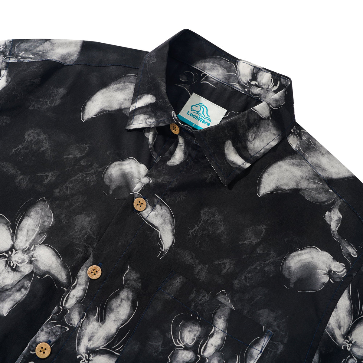 LeosWare® Men's Hawaiian Shirt Short Sleeve Button-up 100% Cotton Black Aloha Ink Wash Floral Silhouette By Ethan