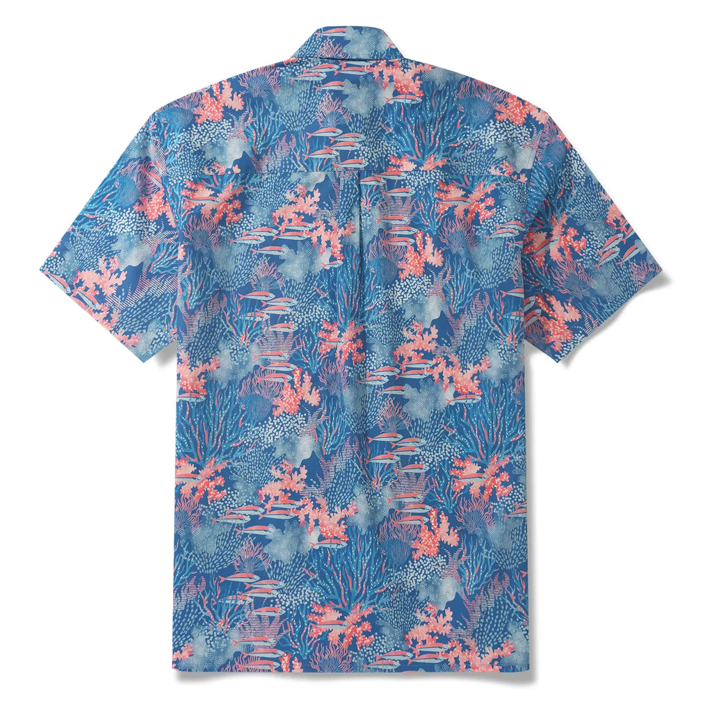 Men's Hawaiian Shirt Short Sleeve Button-down 100% Cotton Blue Aloha Ocean Sihouettes By House of Haricot