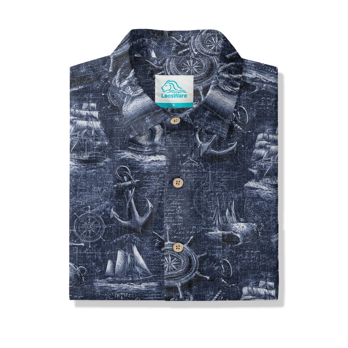LeosWare® Men's Hawaiian Shirt Short Sleeve Button-up 100% Cotton Blue Aloha Retro Nautical Logbook By Ann
