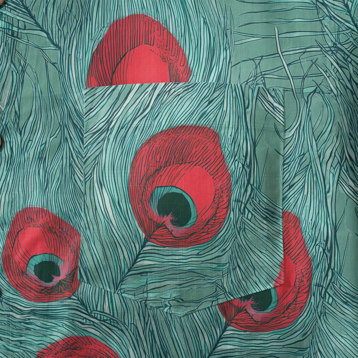 LeosWare® Men's Hawaiian Shirt Short Sleeve Button-up 100% Cotton Green Aloha Crimson Iris Blue Feathers By Ann