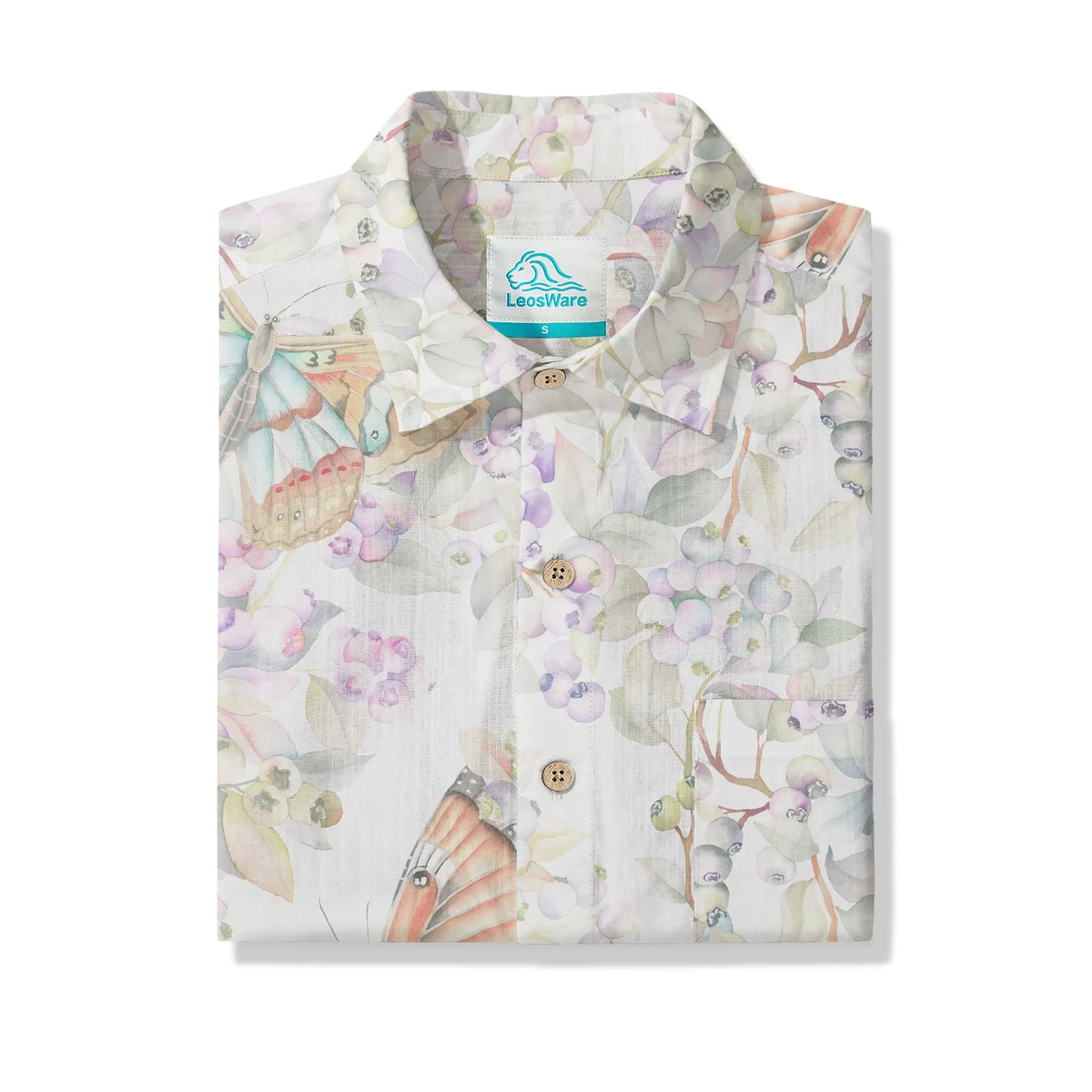 LeosWare® Men's Hawaiian Shirt Short Sleeve Button-up 100% Cotton Yellow Aloha Butterflies In The Garden By Huan huan