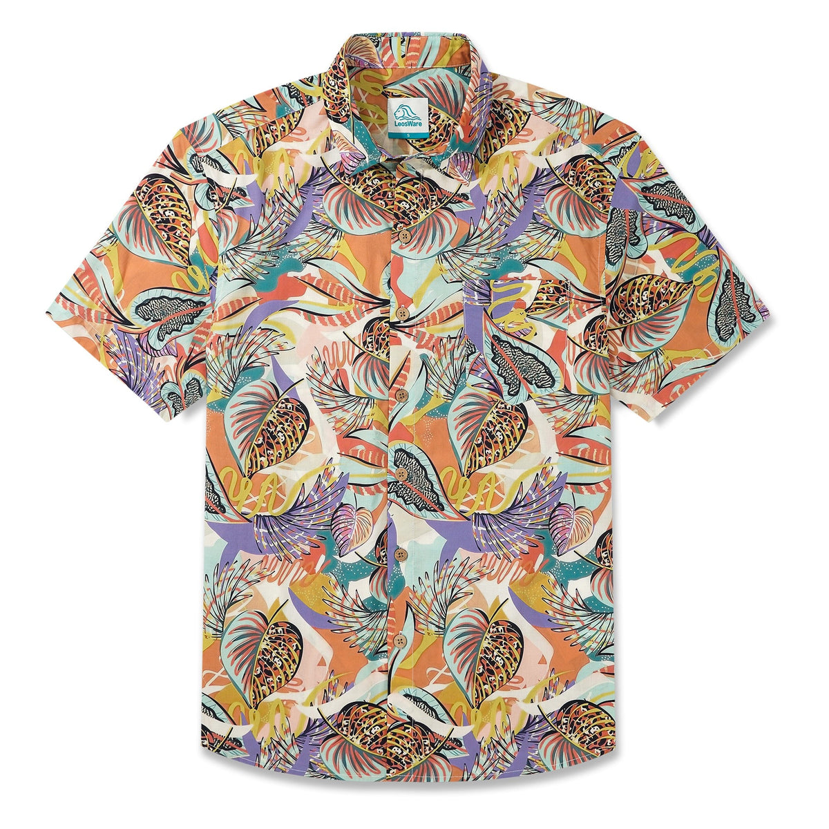 LeosWare® Men's Hawaiian Shirt Short Sleeve Button-up 100% Cotton Brown Aloha Tropical Plant Fusion Art Print By Ethan