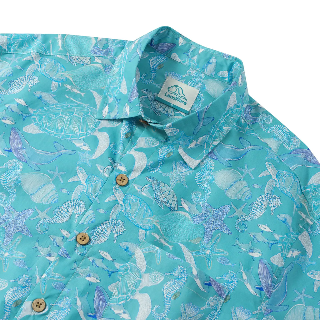 LeosWare® Men's Hawaiian Shirt Short Sleeve Button-up 100% Cotton Blue Aloha Azure Islet Sea Turtle By Ann