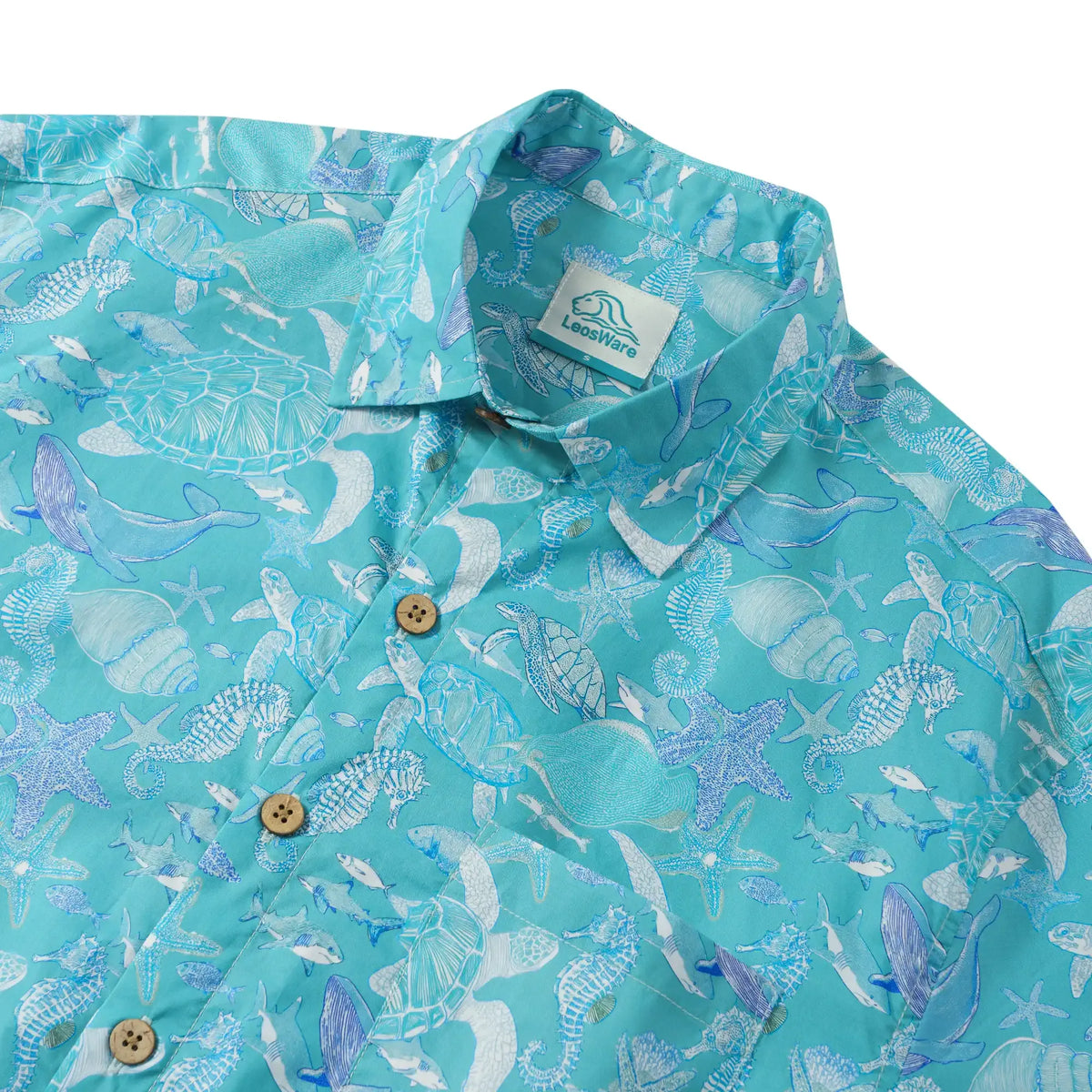 LeosWare® Men's Hawaiian Shirt Short Sleeve Button-up 100% Cotton Blue Aloha Azure Islet Sea Turtle By Ann