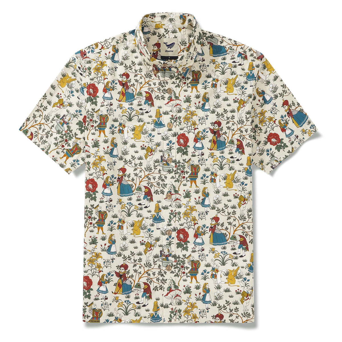 Men's Hawaiian Shirt Short Sleeve Button-down 100% Cotton Beige Aloha Alice's Wonderland By Zeke