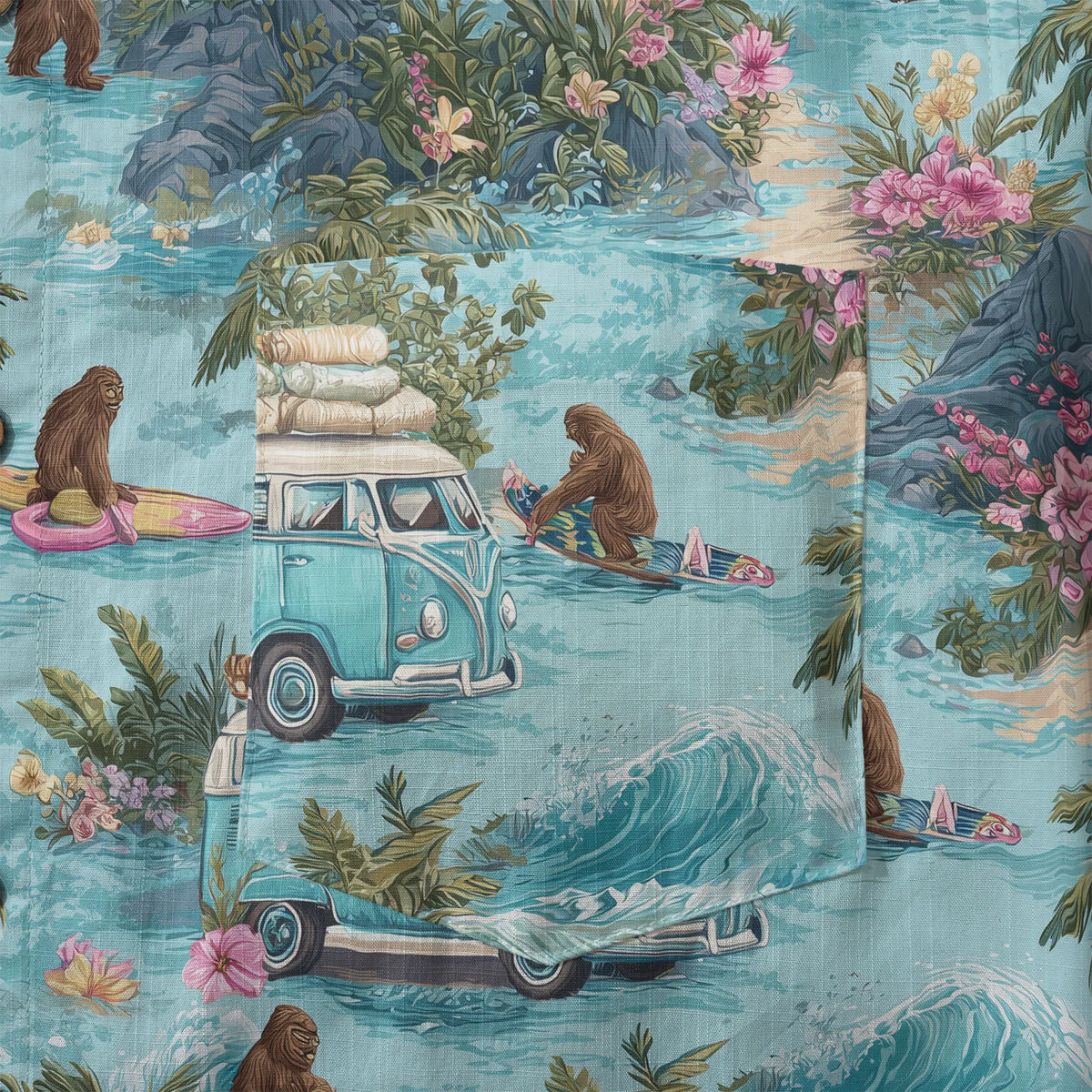 LeosWare® Men's Hawaiian Shirt Short Sleeve Button-up 100% Cotton Blue Aloha Tropical Drift Of Bigfoot By Ann
