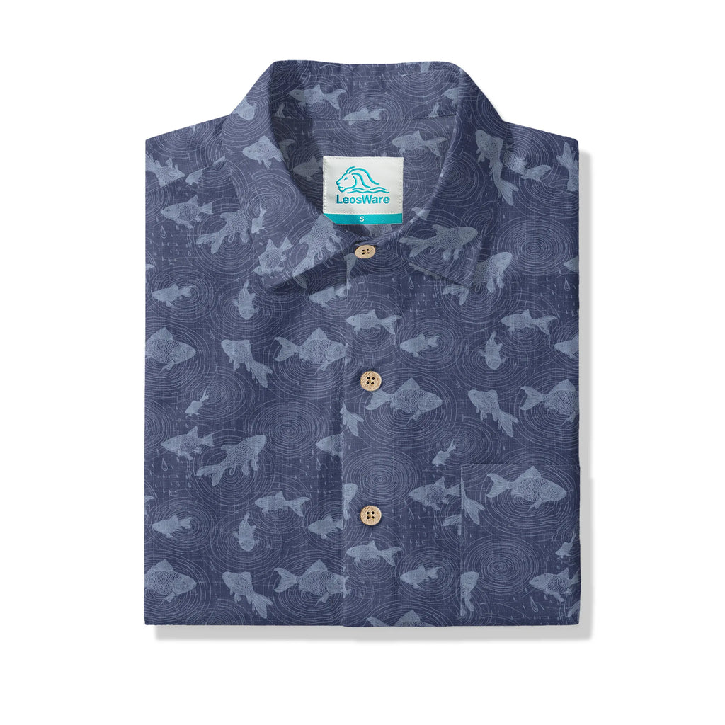 LeosWare® Men's Hawaiian Shirt Short Sleeve Button-up 100% Cotton Blue Aloha Rain Falls On The Koi Pond By Ann