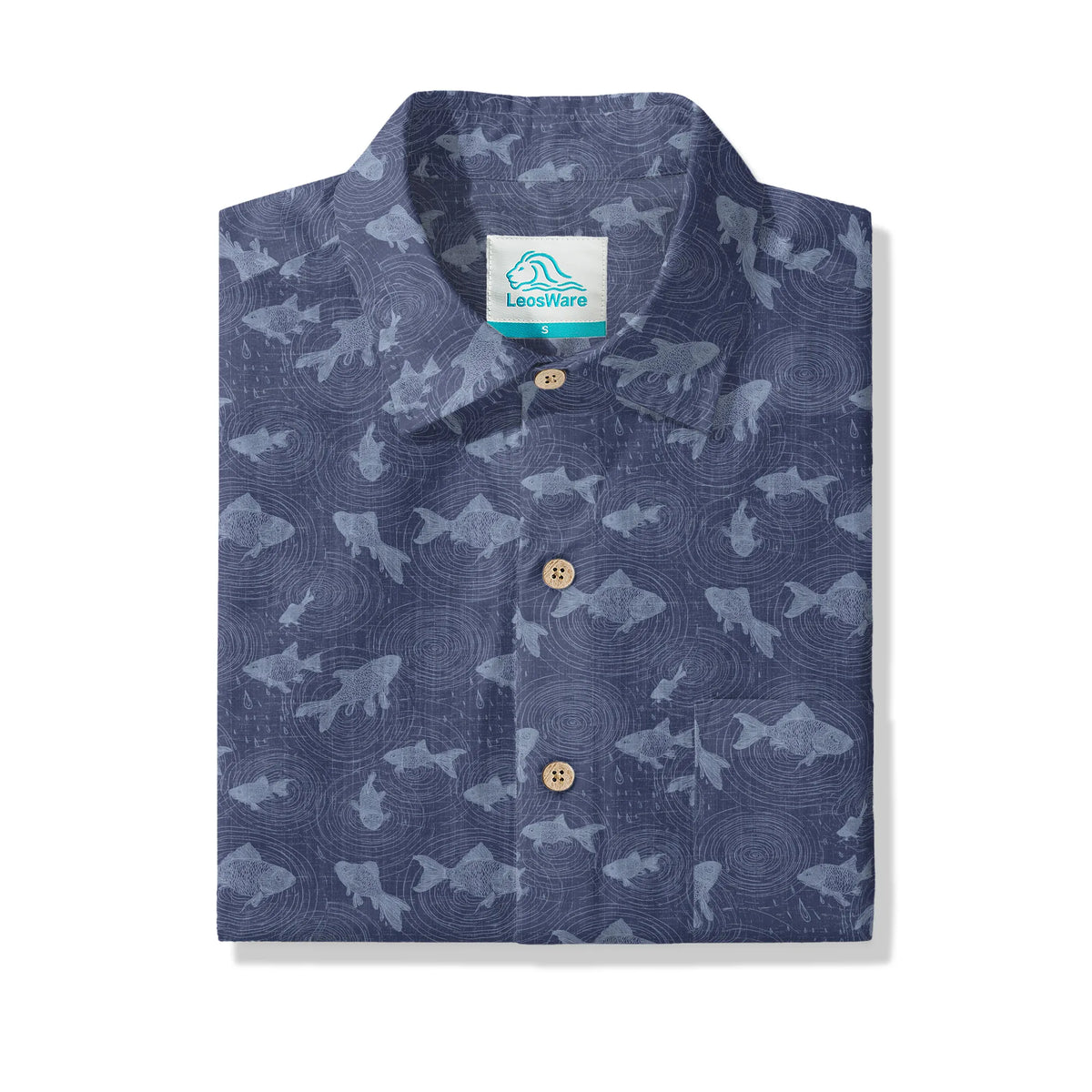 LeosWare® Men's Hawaiian Shirt Short Sleeve Button-up 100% Cotton Blue Aloha Rain Falls On The Koi Pond By Ann