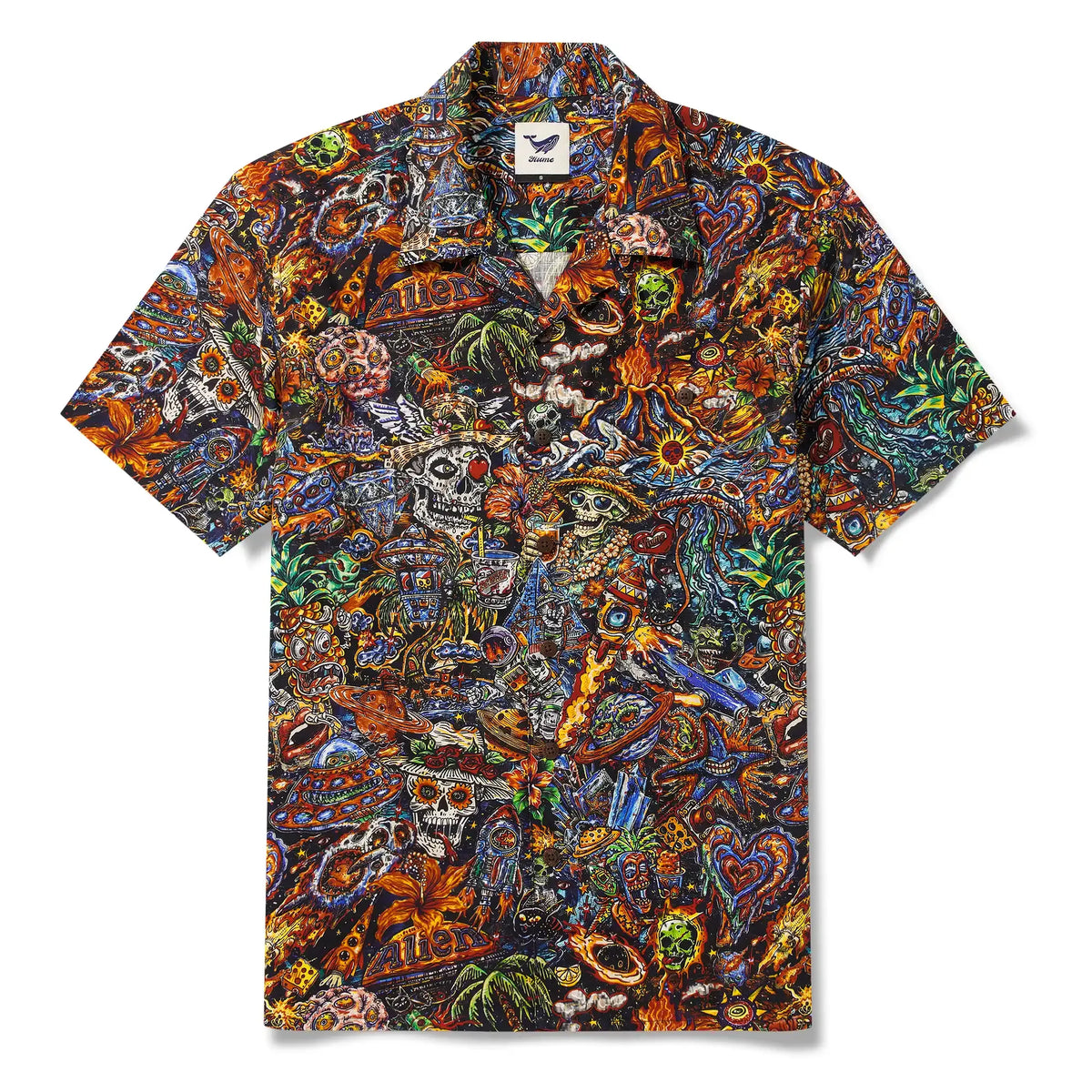 Men's Hawaiian Shirt Short Sleeve Camp Collar 100% Cotton Red Aloha Intergalactic Luau Graffiti By Mo