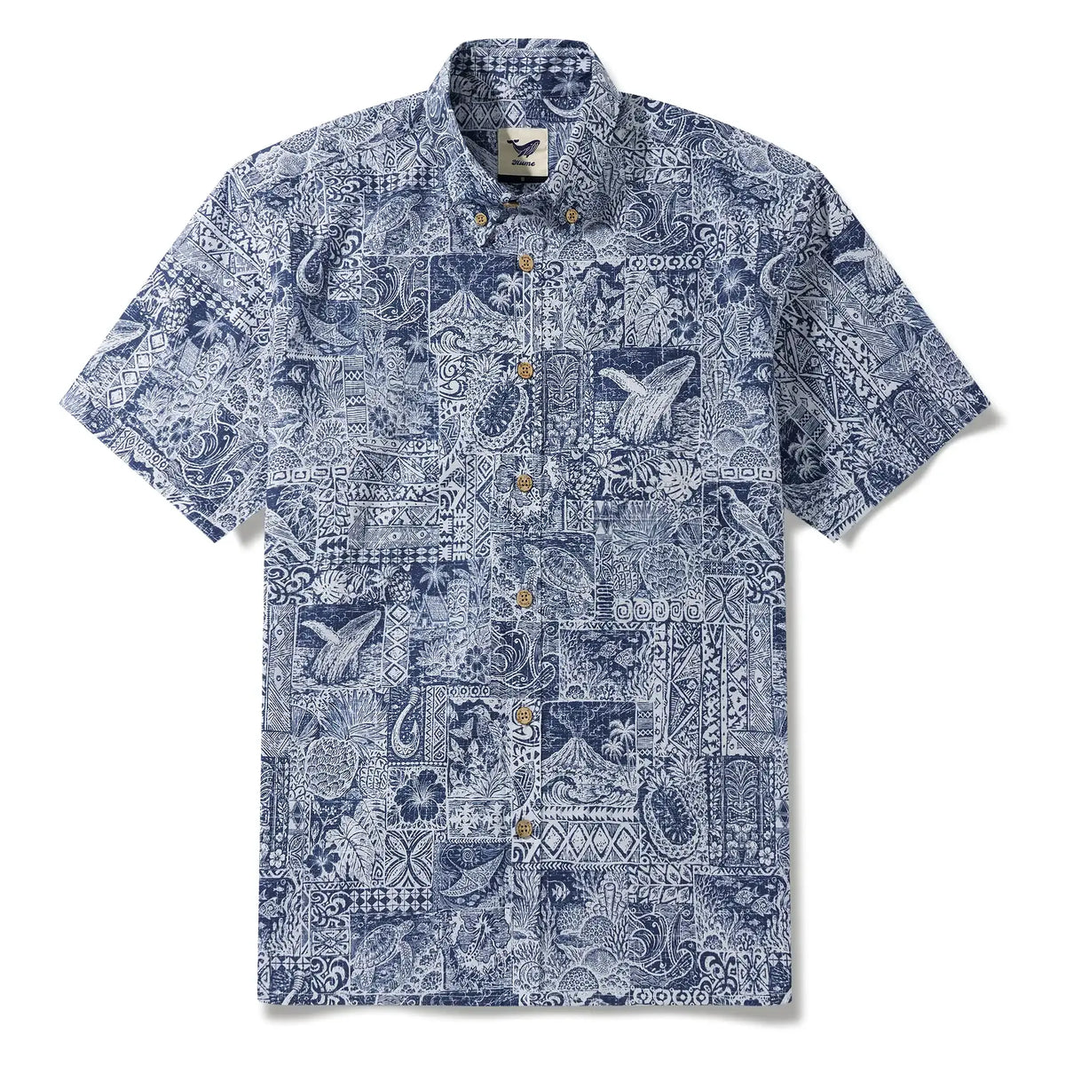 Men's Hawaiian Shirt Short Sleeve Button-down 100% Cotton Blue Aloha Tiki Isle Archive - Navy Blue By Cigar