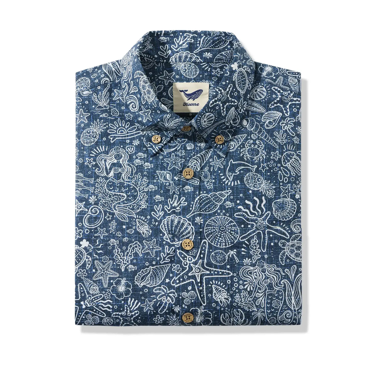 Men's Hawaiian Shirt Short Sleeve Button-down 100% Cotton Beige Aloha Coastal Doodle - Navy Blue By Huan huan