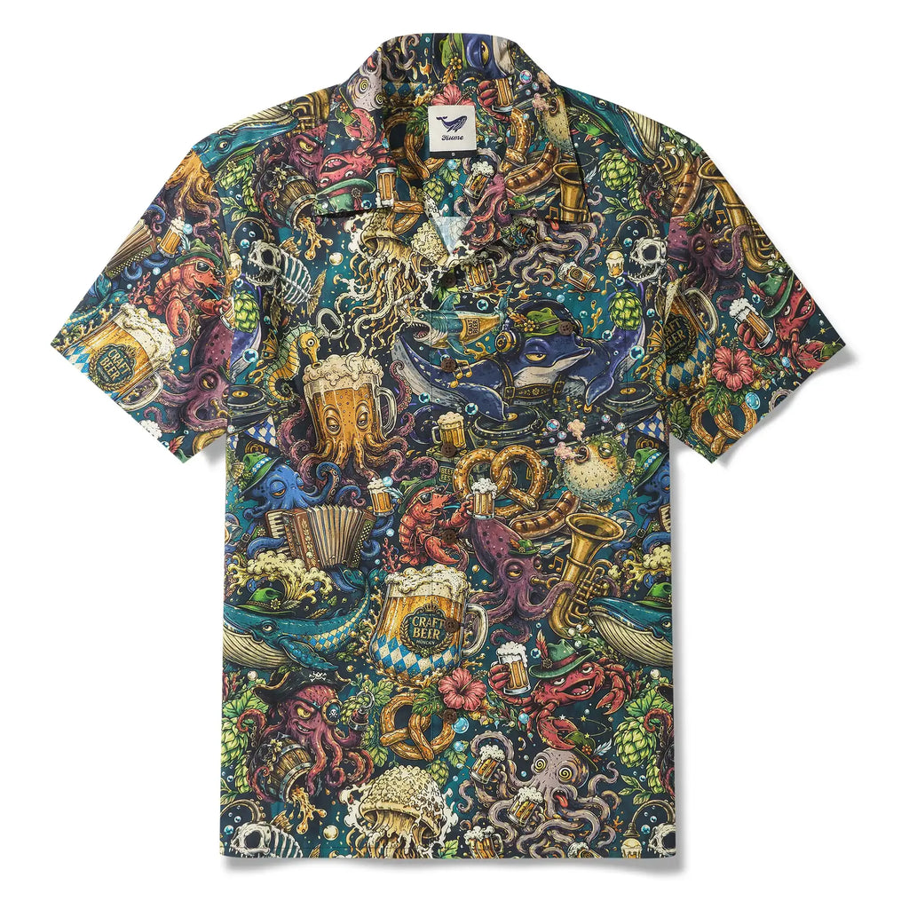 Men's Hawaiian Shirt Short Sleeve Camp Collar 100% Cotton Blue Aloha Deep Blue Brews By Mo