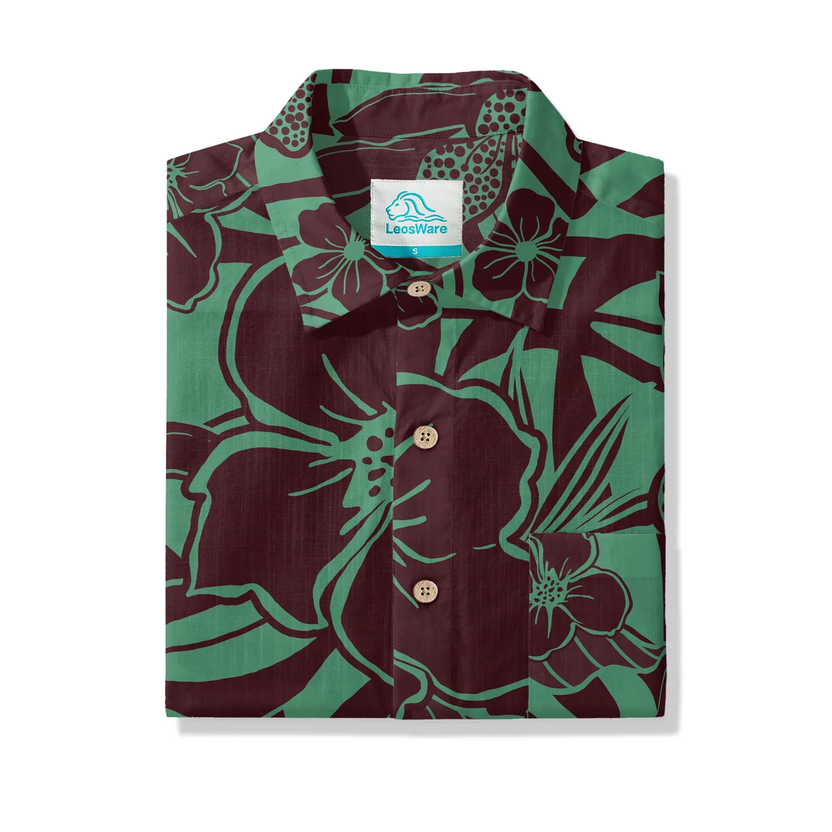 LeosWare® Men's Hawaiian Shirt Short Sleeve Button-up 100% Cotton Green Aloha Impression Of Tropical Plants By Huan huan