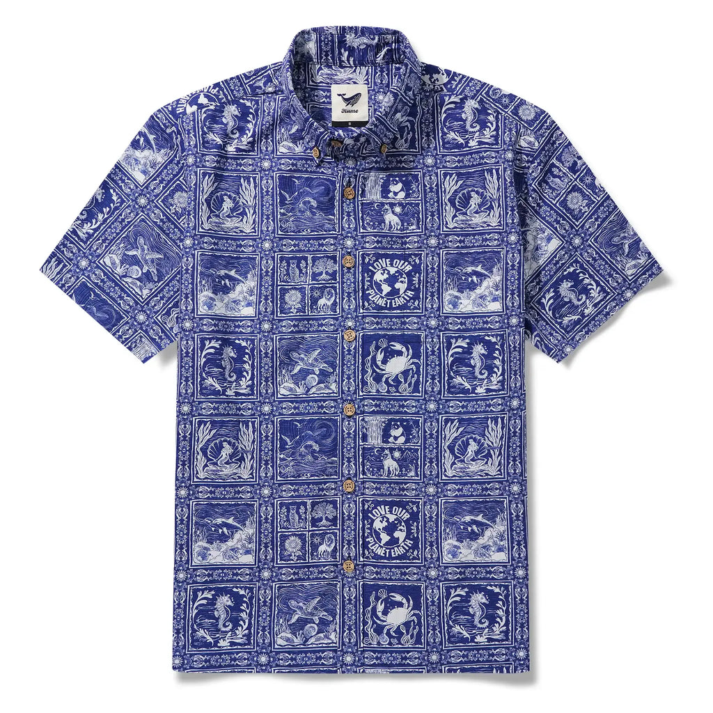 Men's Hawaiian Shirt Short Sleeve Button-down 100% Cotton Blue Aloha Endangered Animal Collage By Huan huan