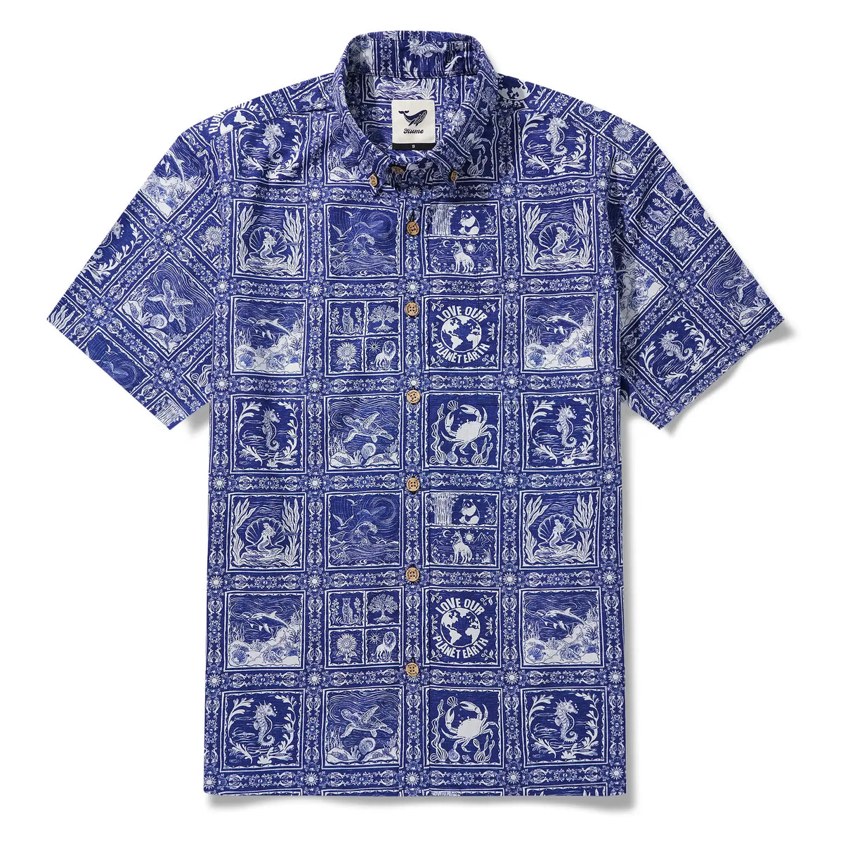 Men's Hawaiian Shirt Short Sleeve Button-down 100% Cotton Blue Aloha Endangered Animal Collage By Huan huan