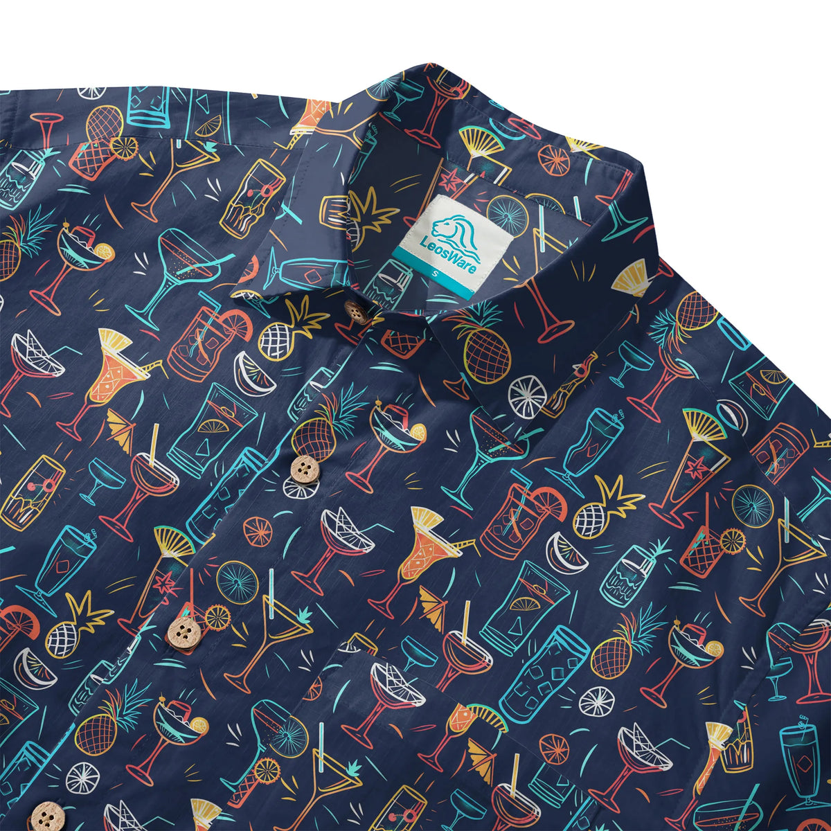 LeosWare® Men's Hawaiian Shirt Short Sleeve Button-up 100% Cotton Blue Aloha Neon Cocktail Night By Ann