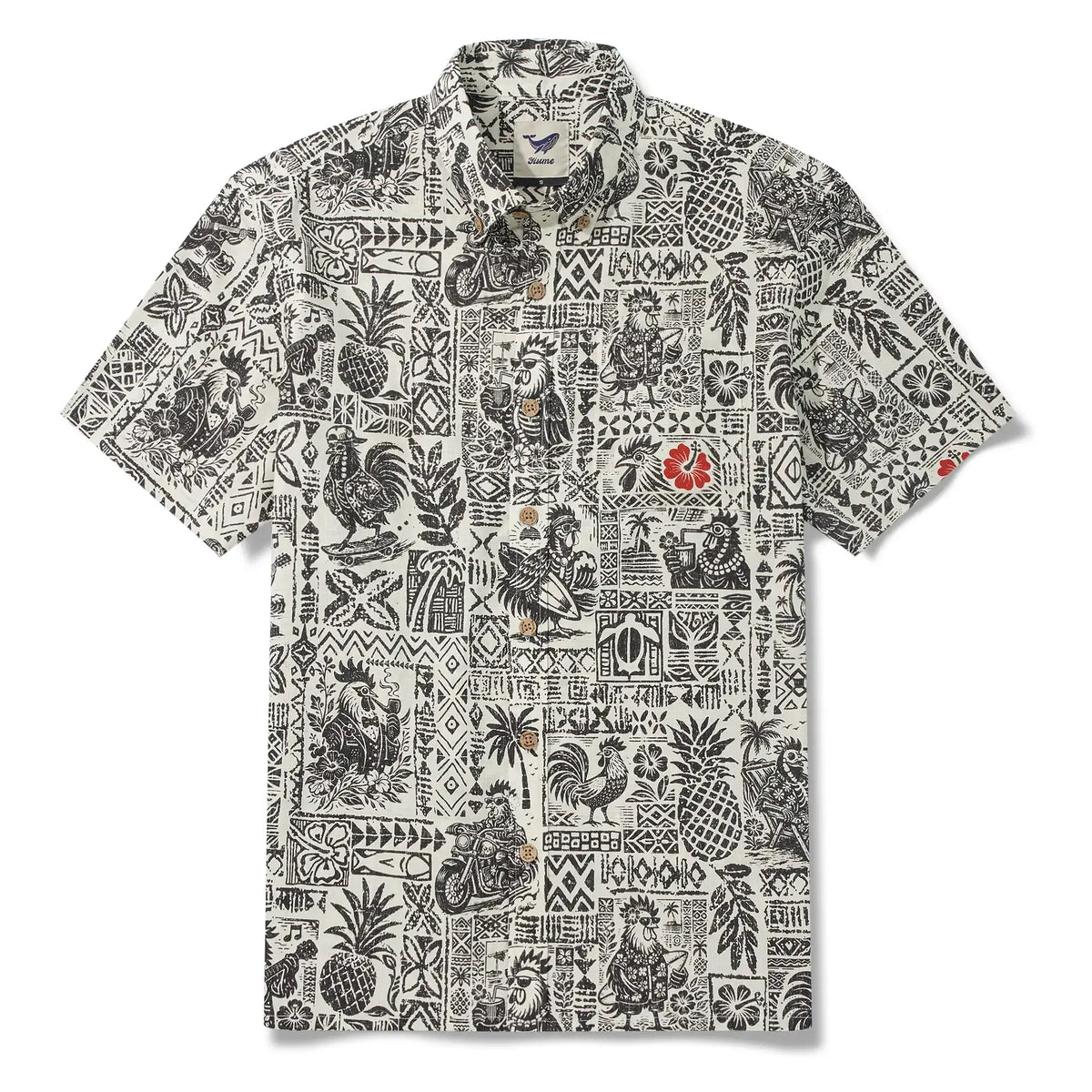 Men's Hawaiian Shirt Short Sleeve Button-down 100% Cotton Black Rooster Aloha The Bone Voyage By Cigar