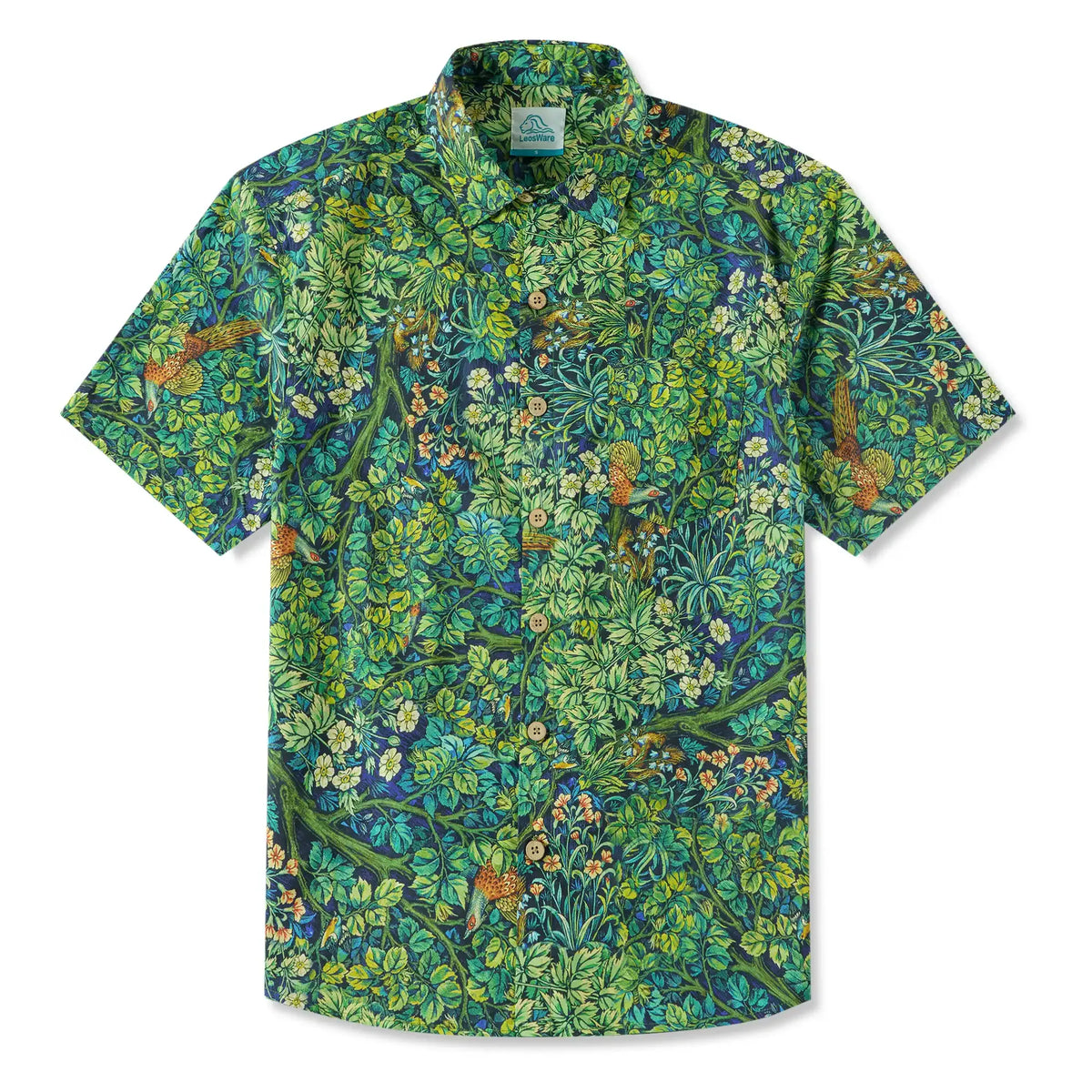 LeosWare® Men's Hawaiian Shirt Short Sleeve Button-up 100% Cotton Green Aloha Jungle Wonderland Art By Ann