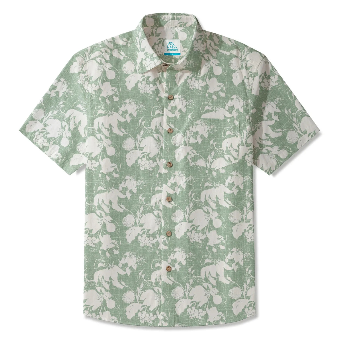 LeosWare® Flower Men's Hawaiian Shirt Short Sleeve Button-up 100% Cotton Green Aloha Verdant Memoirs By Ann
