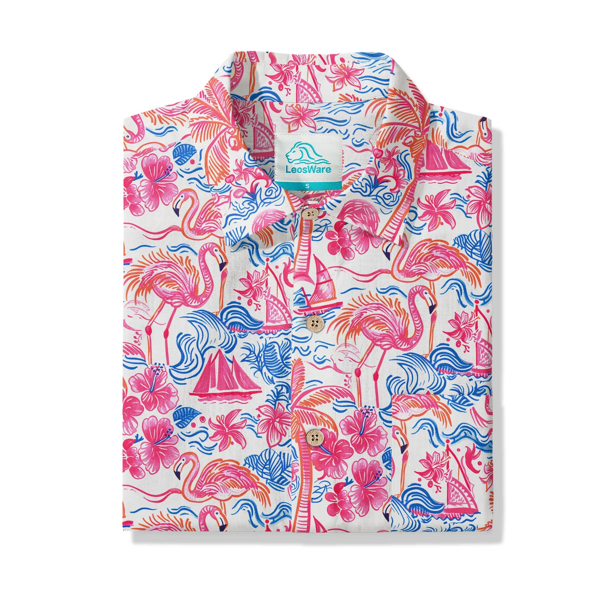 LeosWare® Men's Hawaiian Shirt Short Sleeve Button-up 100% Cotton Aloha Tropical Fire Bay By Ann