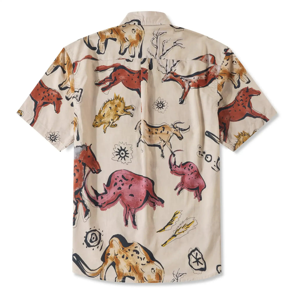 LeosWare® Men's Hawaiian Shirt Short Sleeve Button-up 100% Cotton Red Aloha Vintage Cave Art Print By Huan huan