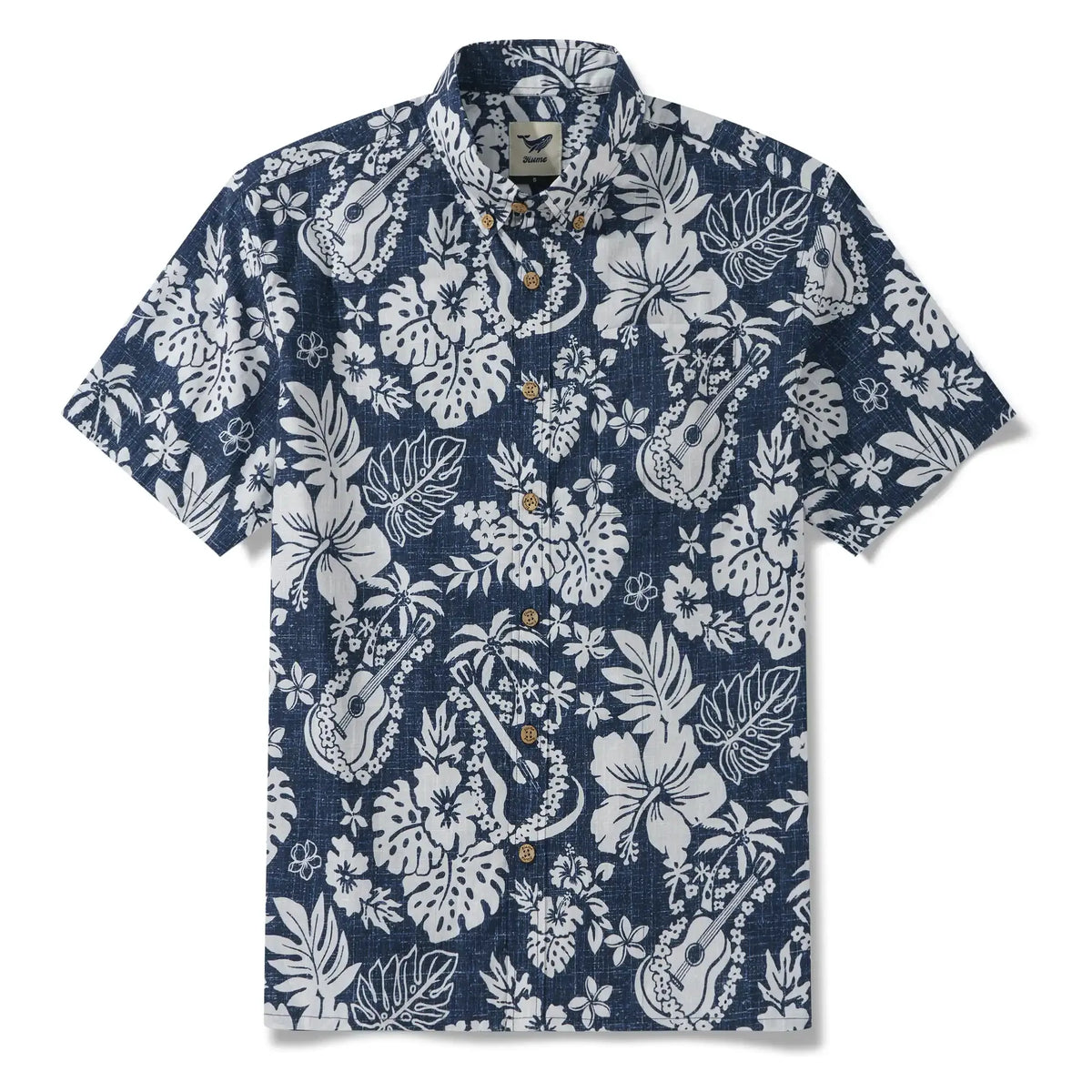 Men's Hawaiian Shirt Short Sleeve Button-down 100% Cotton Blue Aloha Island Ukulele By DUDU