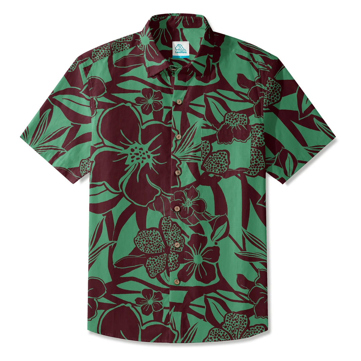 LeosWare® Men's Hawaiian Shirt Short Sleeve Button-up 100% Cotton Green Aloha Impression Of Tropical Plants By Huan huan