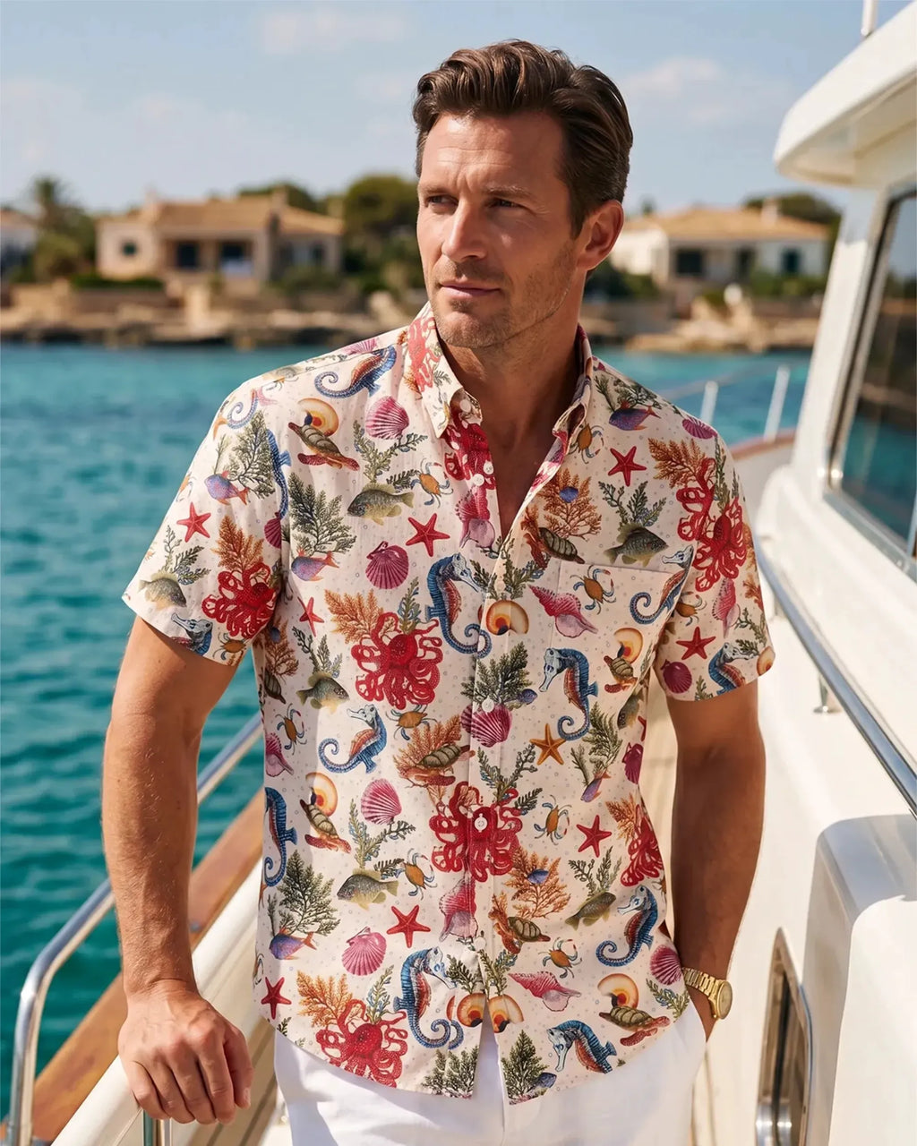 Yiume® Hawaiian Shirt For Men Shirt 100% Cotton Hawaiian Shirt Red Marine Life By Amy