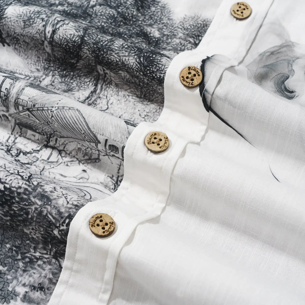 Men's Hawaiian Shirt Short Sleeve Button-down 100% Cotton Black Aloha Oriental Inkscape By DUDU