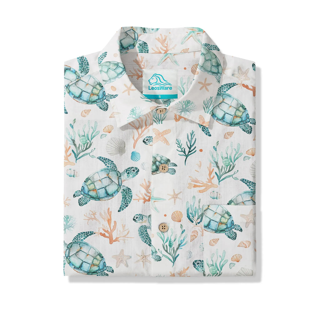 LeosWare® Men's Hawaiian Shirt Short Sleeve Button-up 100% Cotton Blue Aloha Coral Wonderland Of The Sea Turtle By Ann