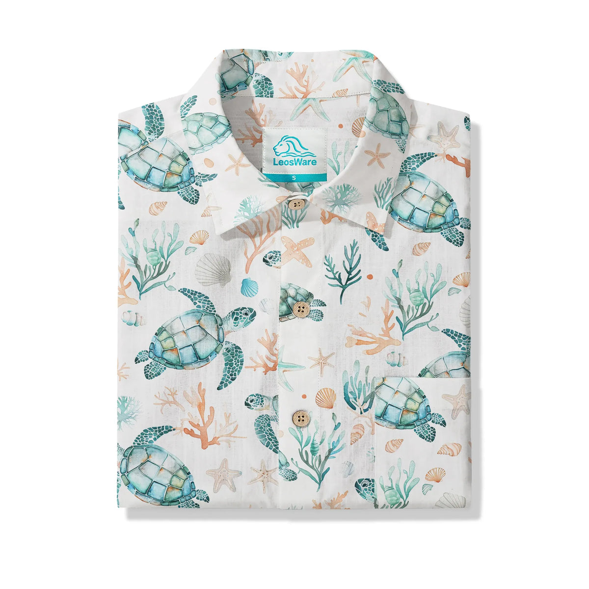 LeosWare® Men's Hawaiian Shirt Short Sleeve Button-up 100% Cotton Blue Aloha Coral Wonderland Of The Sea Turtle By Ann