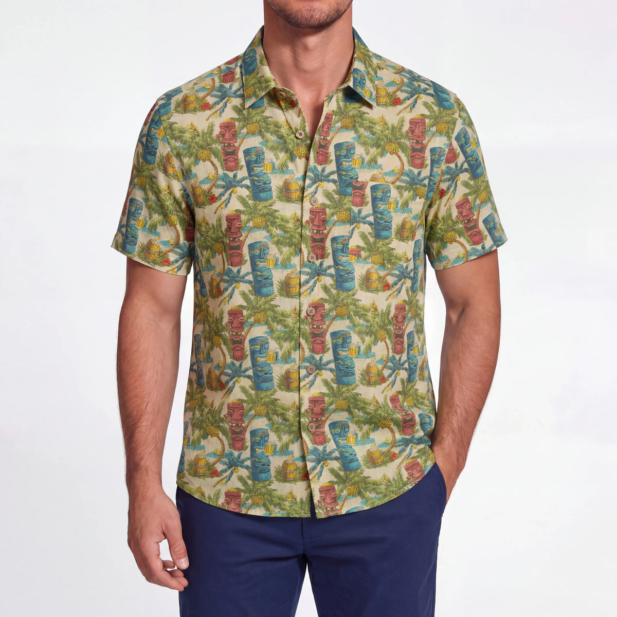 LeosWare® Men's Hawaiian Shirt Short Sleeve Button-up 100% Cotton Green Aloha Tiki's Coconut Island Carnival By Ann