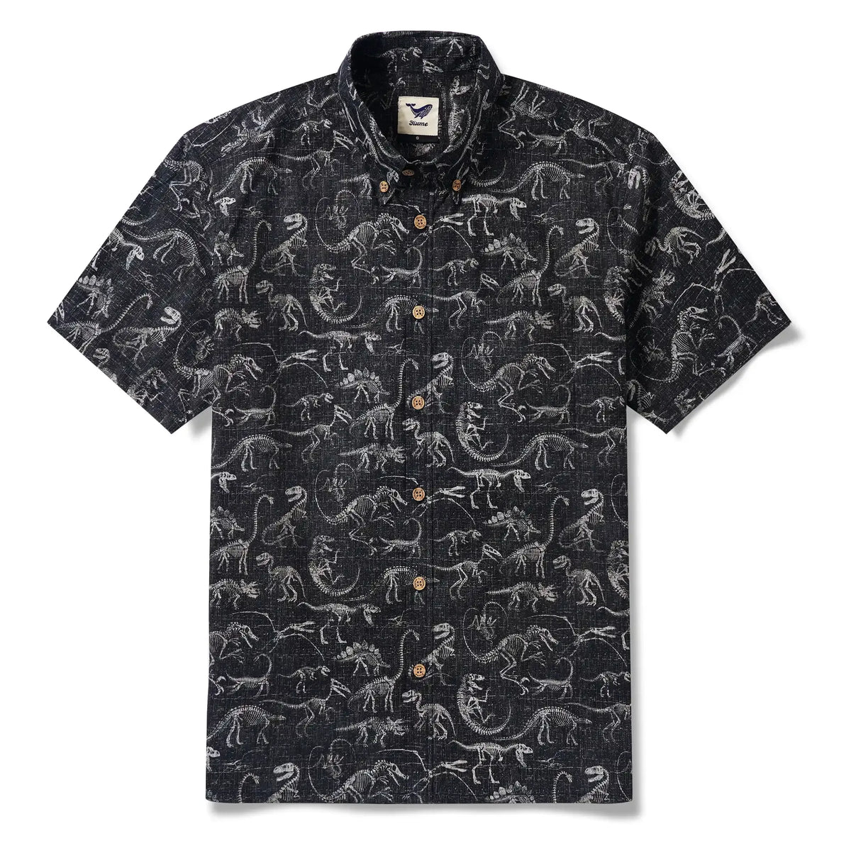 Men's Hawaiian Shirt Short Sleeve Button-down 100% Cotton Black Aloha Dinosaur Fossil Imprint By DUDU