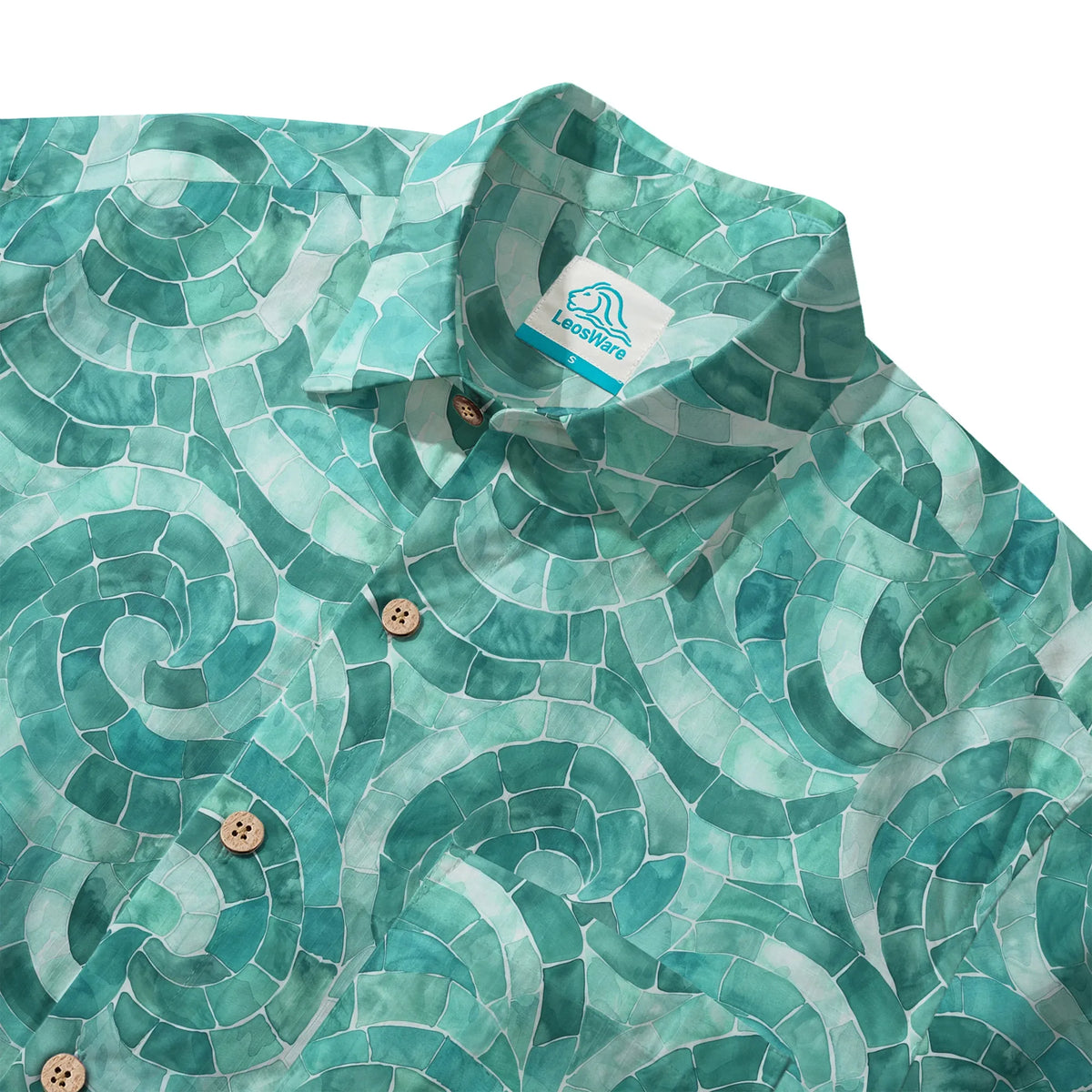 LeosWare® Men's Hawaiian Shirt Short Sleeve Button-up 100% Cotton Green Aloha Azure Seashell Whispers By Ann