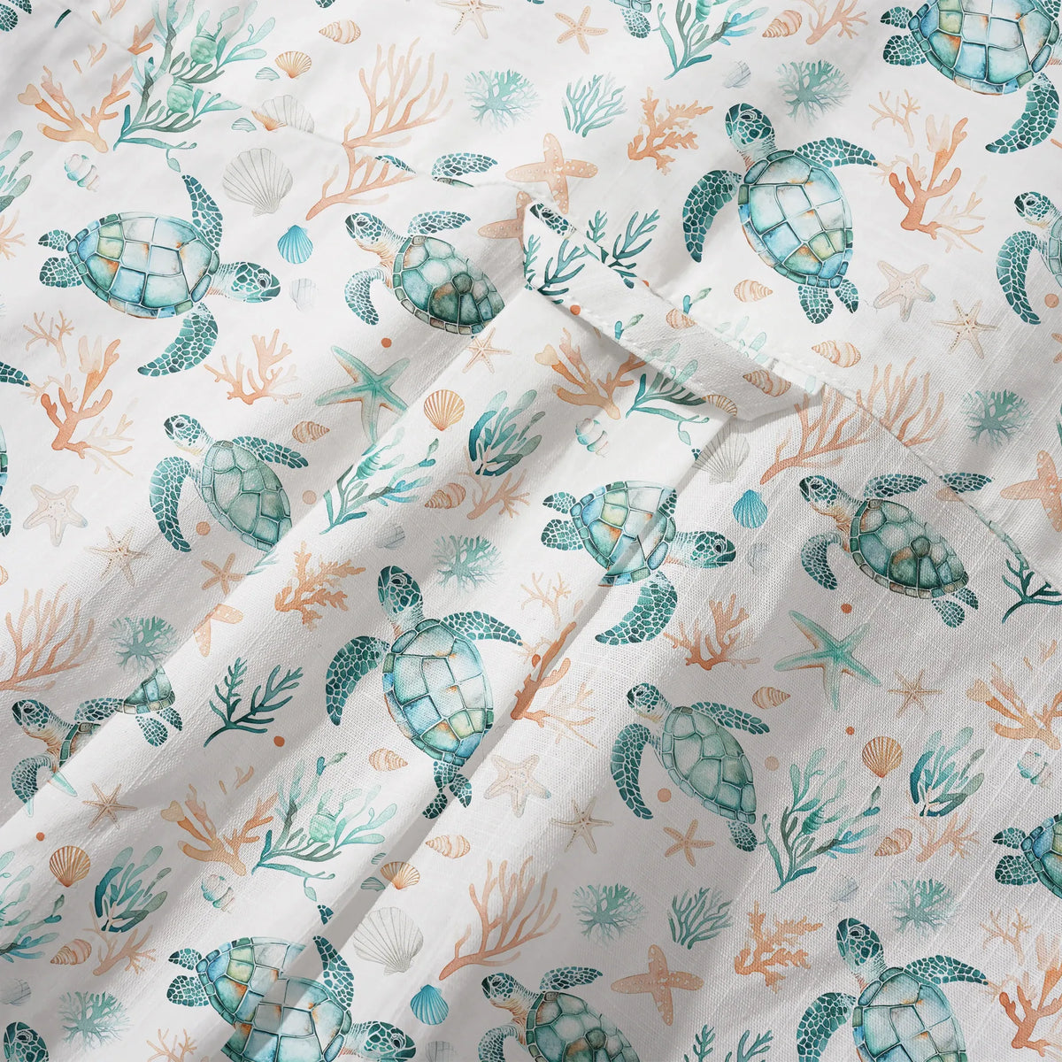 LeosWare® Men's Hawaiian Shirt Short Sleeve Button-up 100% Cotton Blue Aloha Coral Wonderland Of The Sea Turtle By Ann