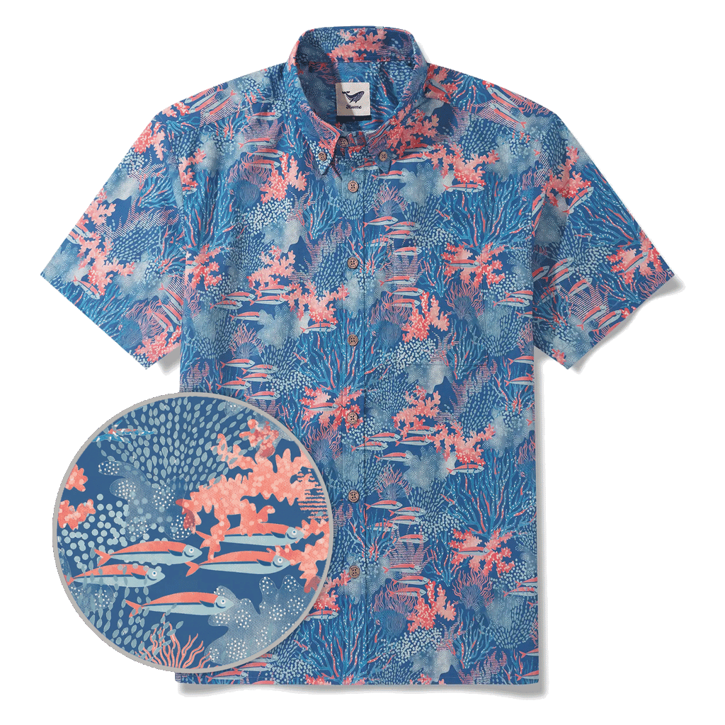 Men's Hawaiian Shirt Short Sleeve Button-down 100% Cotton Blue Aloha Ocean Sihouettes By House of Haricot