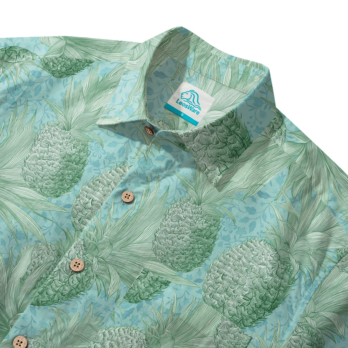LeosWare® Men's Hawaiian Shirt Short Sleeve Button-up 100% Cotton Green Aloha Mint Green Pineapple Grove By Ann