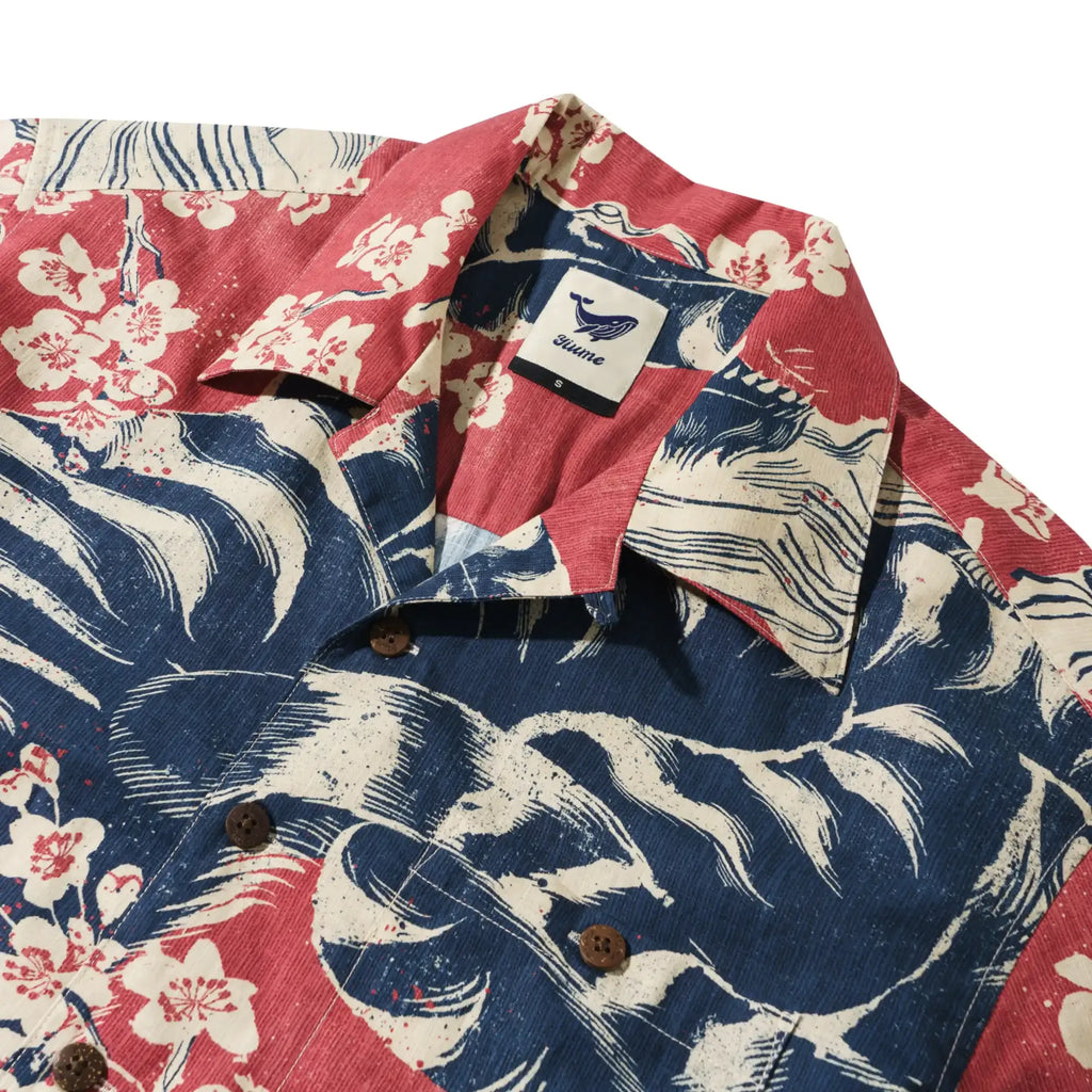 Men's Hawaiian Shirt Short Sleeve Camp Collar 100% Cotton Red Aloha Crimson Sakura Roar By The Happy Hoopoe