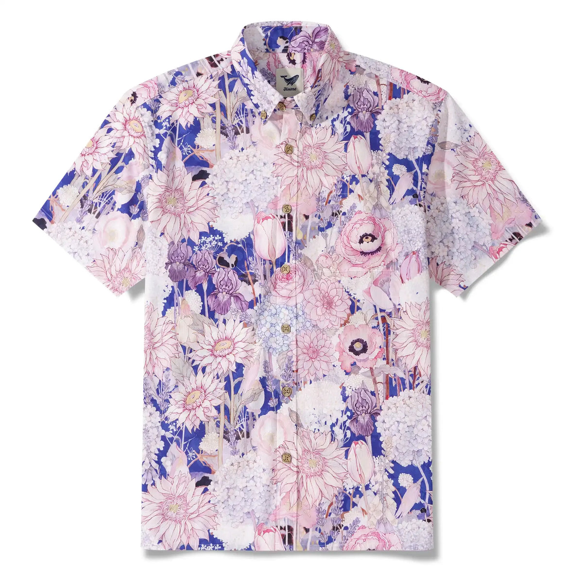 Men's Hawaiian Shirt Short Sleeve Button-down 100% Cotton Blue Aloha Hidden Garden By Huan huan