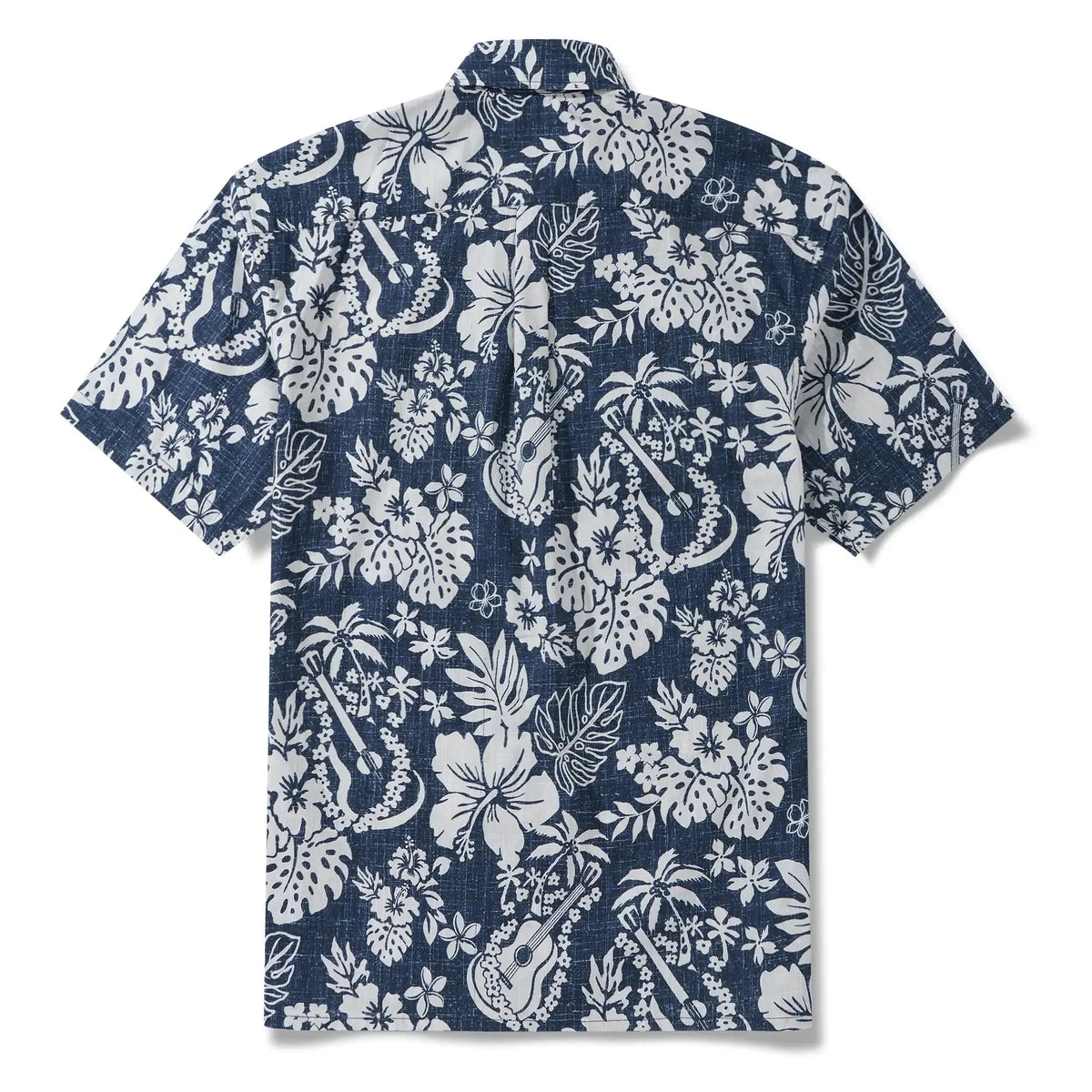 Men's Hawaiian Shirt Short Sleeve Button-down 100% Cotton Blue Aloha Island Ukulele By DUDU