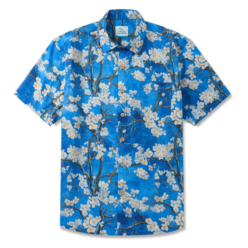 LeosWare® Men's Hawaiian Shirt Short Sleeve Button-up 100% Cotton Blue Aloha White Above Deep Blue By Huan huan